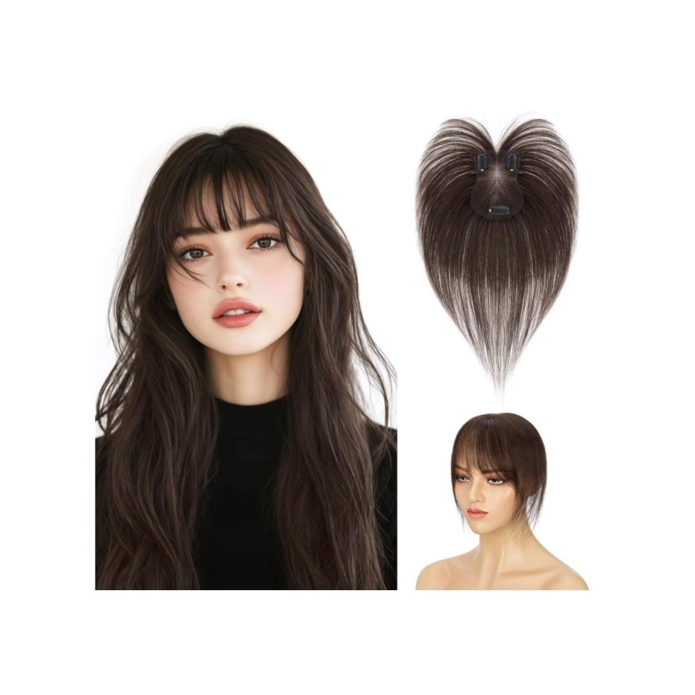 Clip In Bangs Remy Human Hair Topper Dark Brown #02 3D Wispy Bangs 11in Brunette